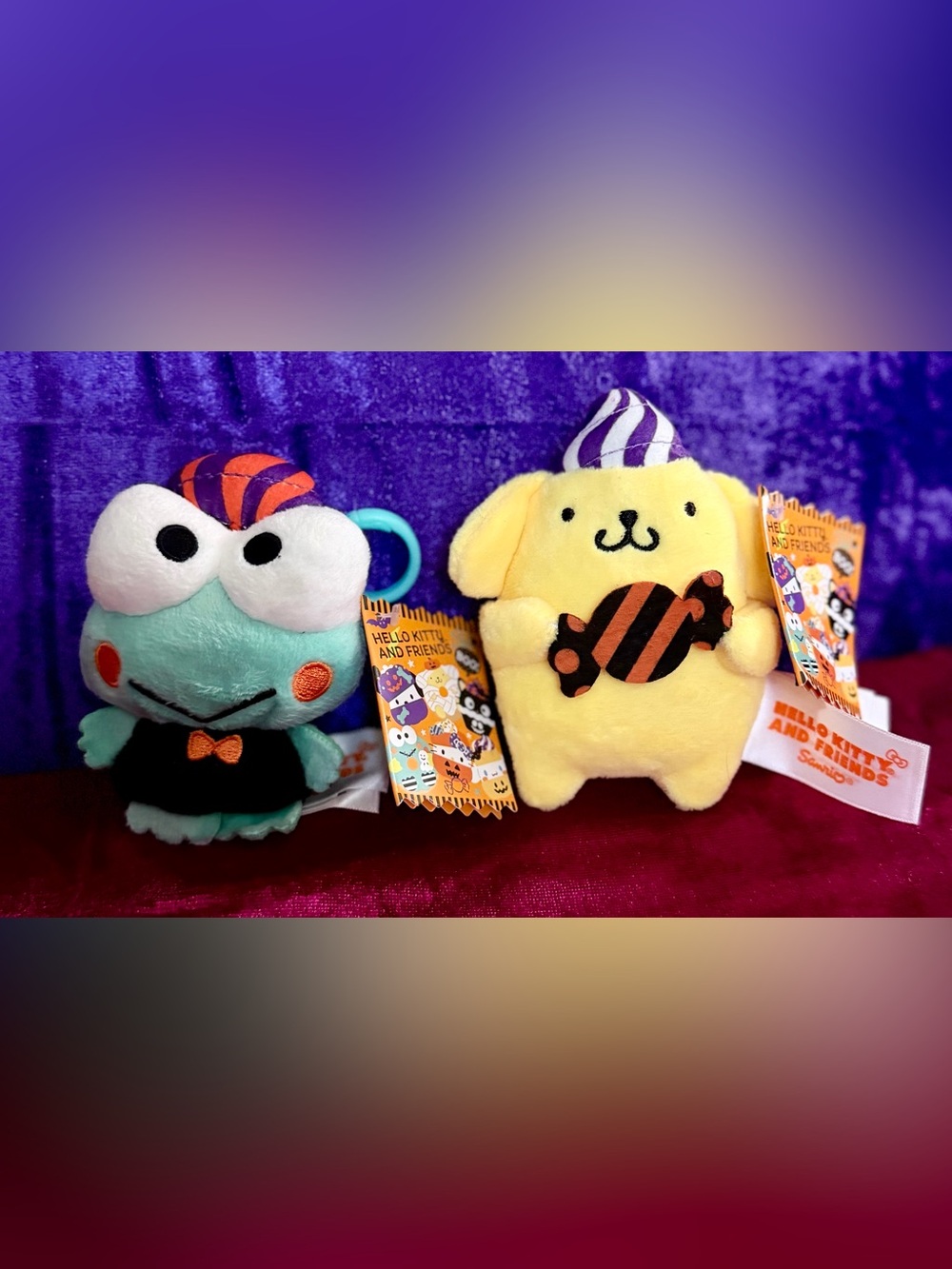 Sanrio Yellow Pompompurin Plush with Purple-White Hat and Black-Orange Candy